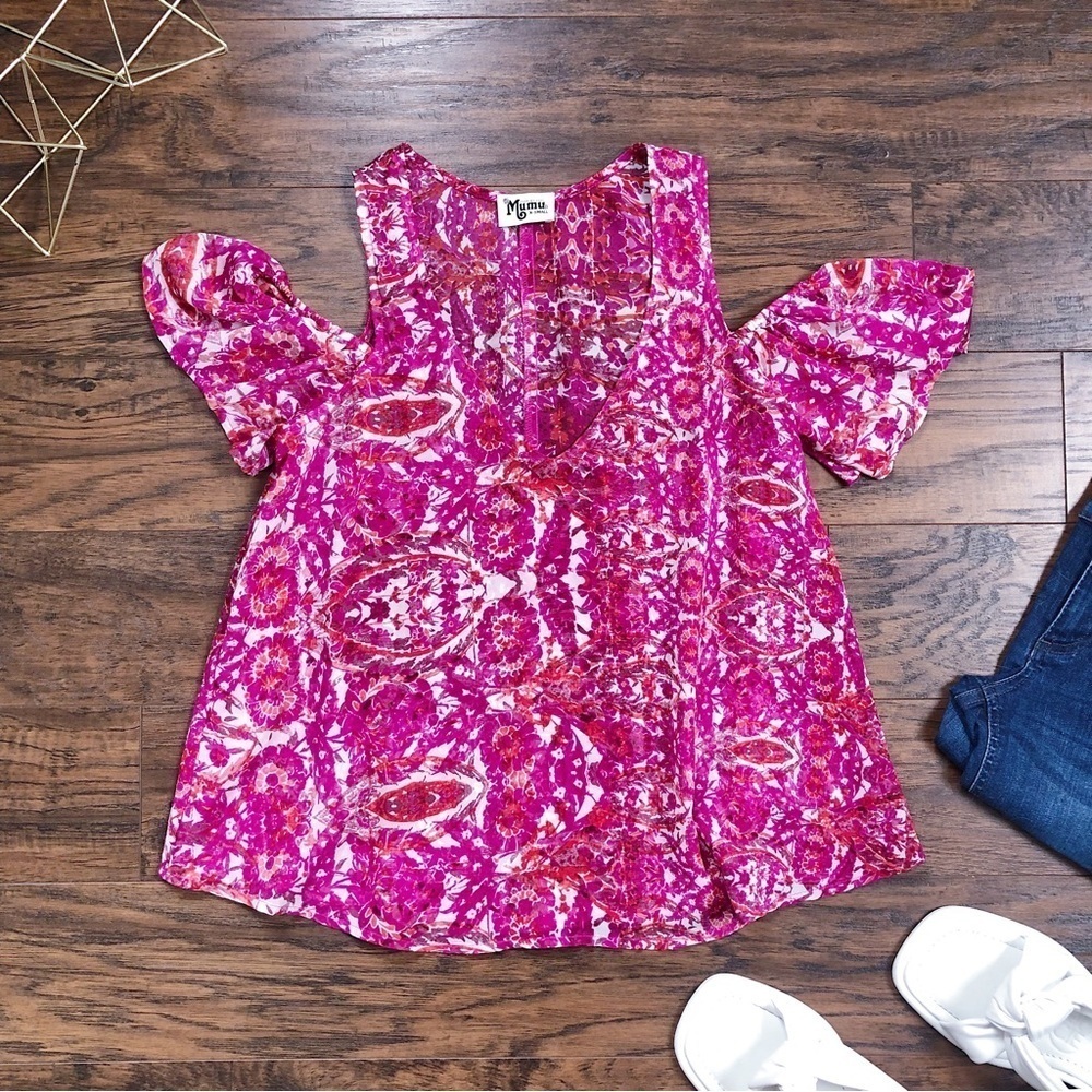 SMYM • Hazel Ruffle Top pink floral cold shoulder chiffon Pomegranate Punch